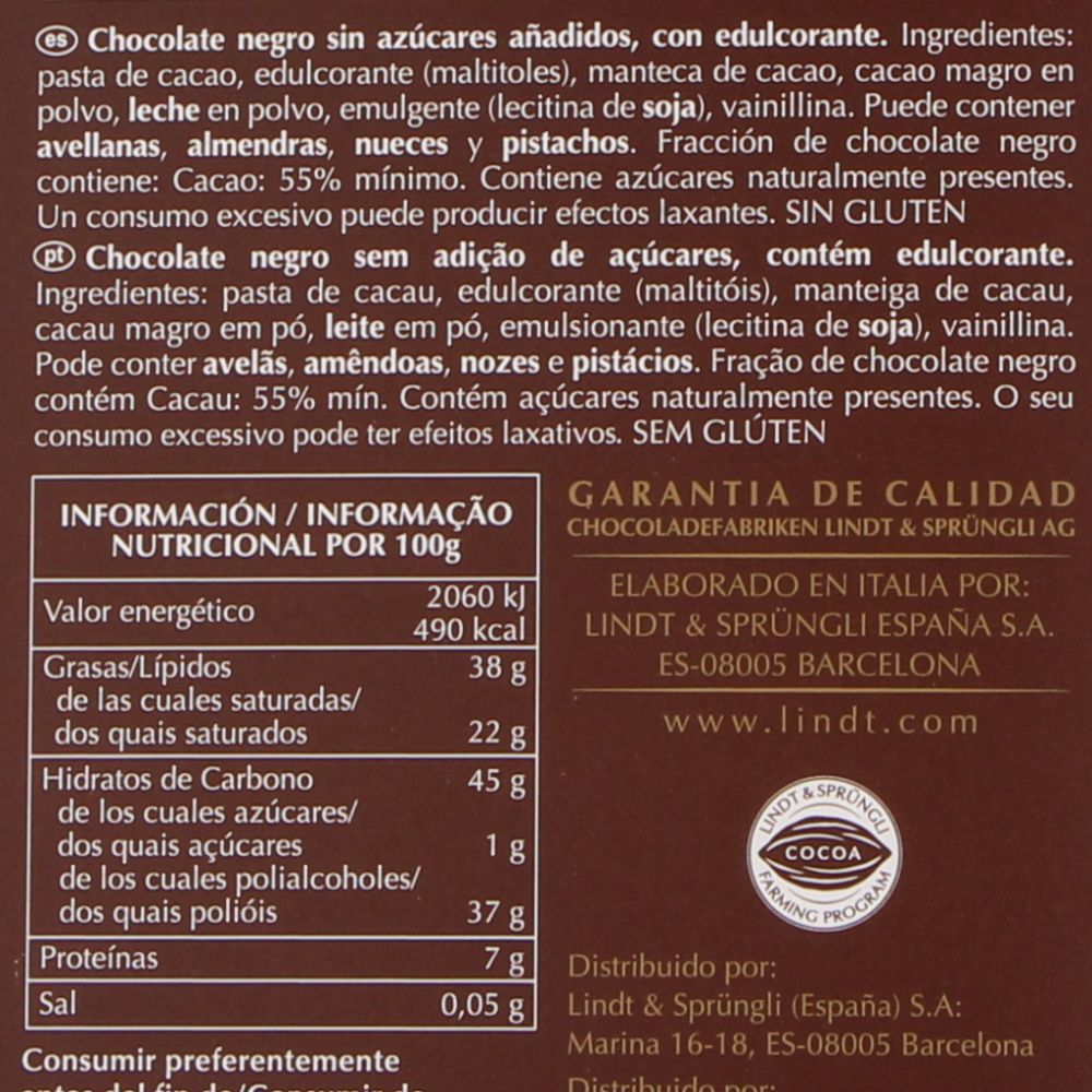  - Chocolate Preto Lindt Sem Açúcar Tablete 100g (2)
