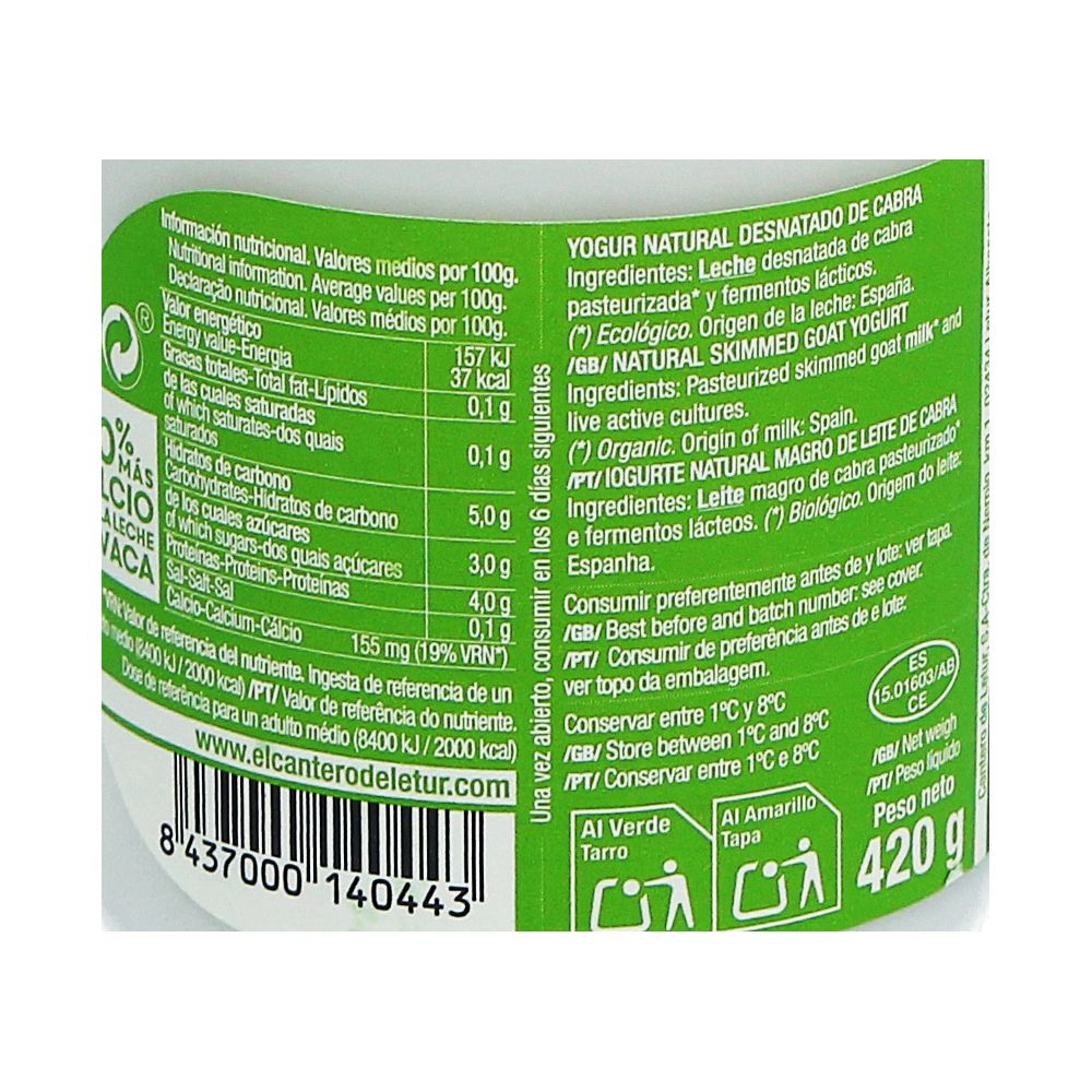  - Cantero Letur Organic Skimmed Goat Yogurt 420g (3)