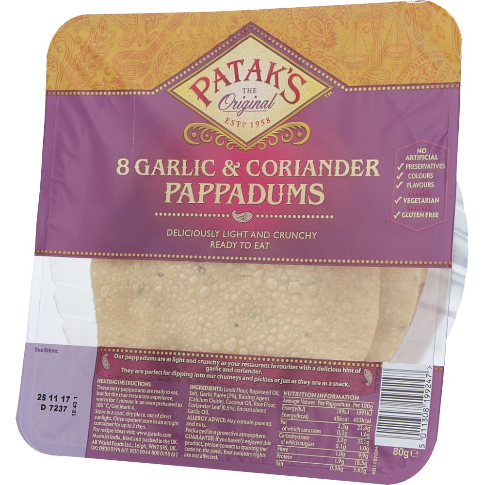  - Patak`s Garlic & Coriander Pappadums 8 pc (1)