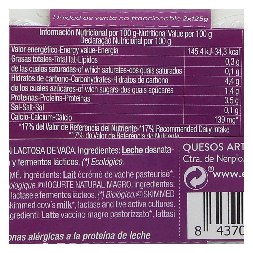  - El Cantero De Letur Organic Lactose Free Skimmed Natural Yoghurt 2 x 125g (2)