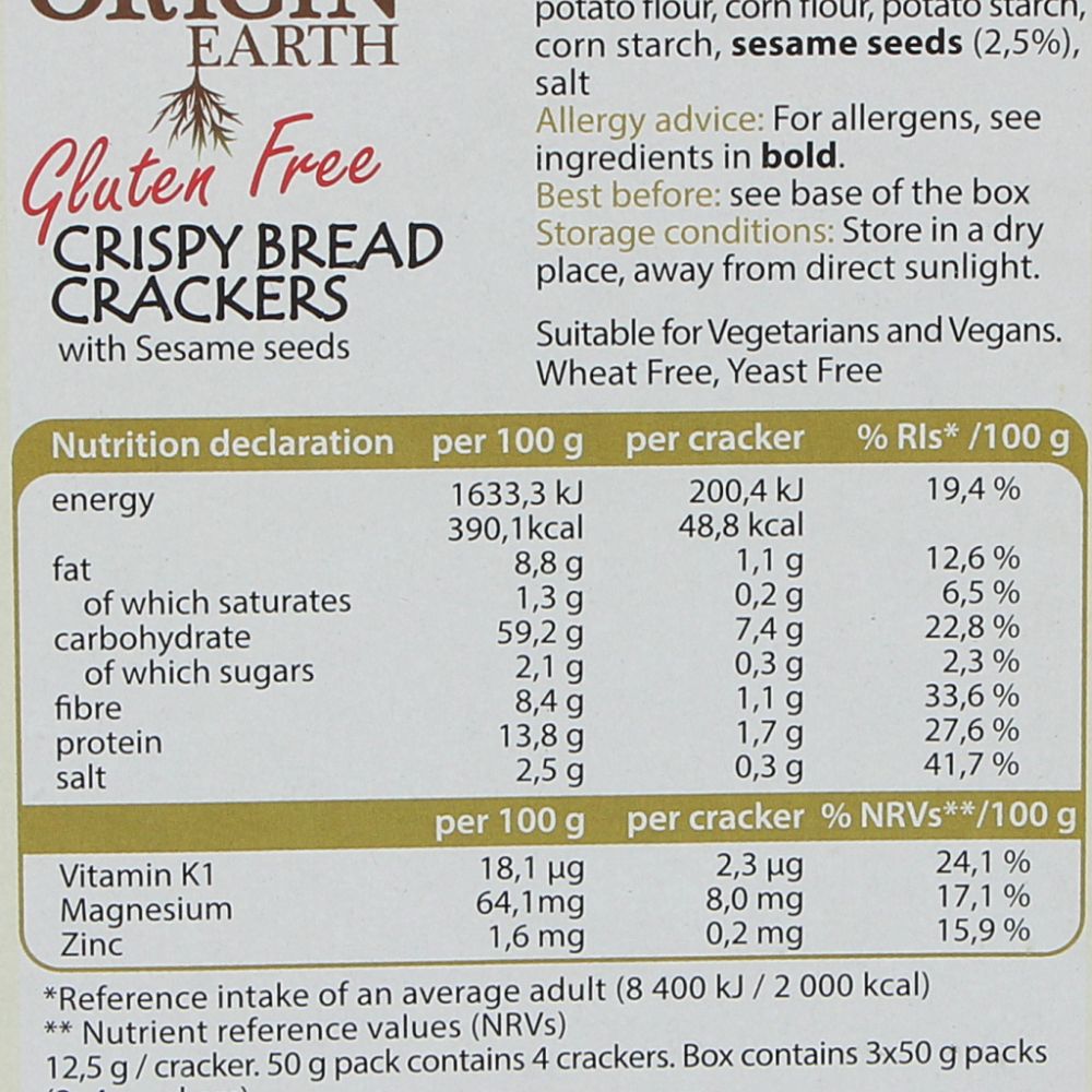  - Origin Earth Gluten Free Bread Crackers w/ Sesame Seeds 150g (2)